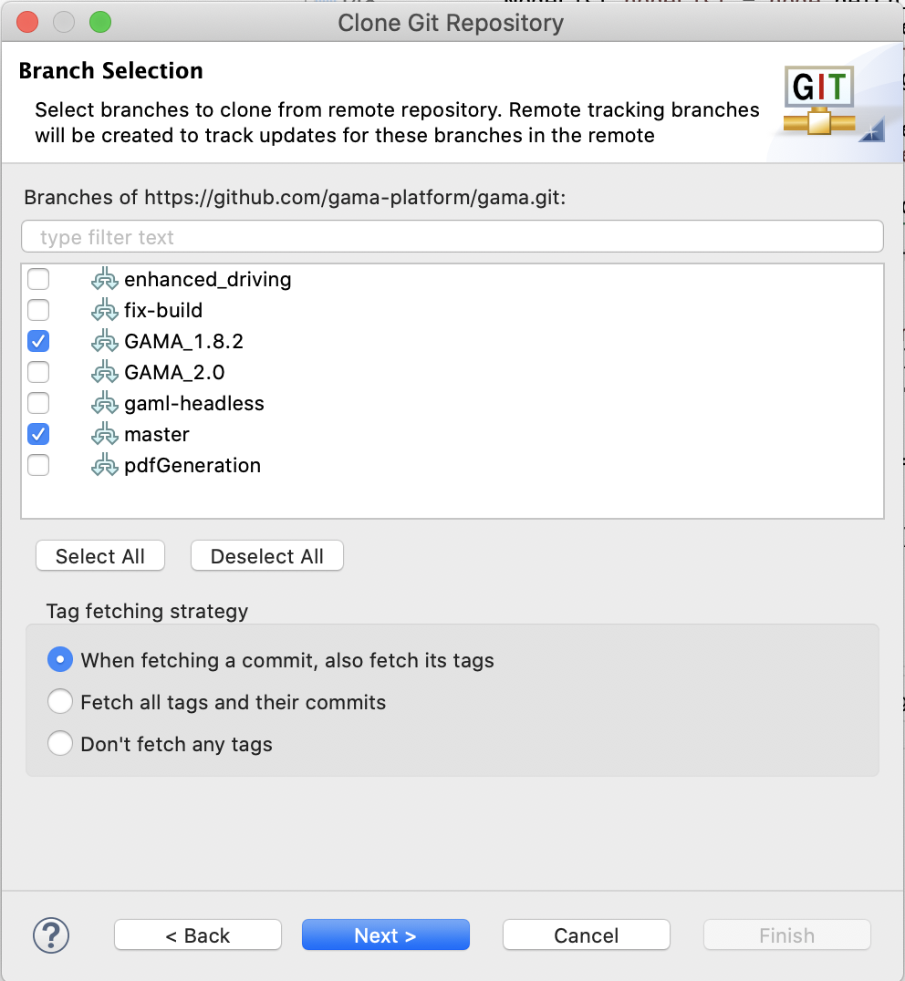 Git branch selection
