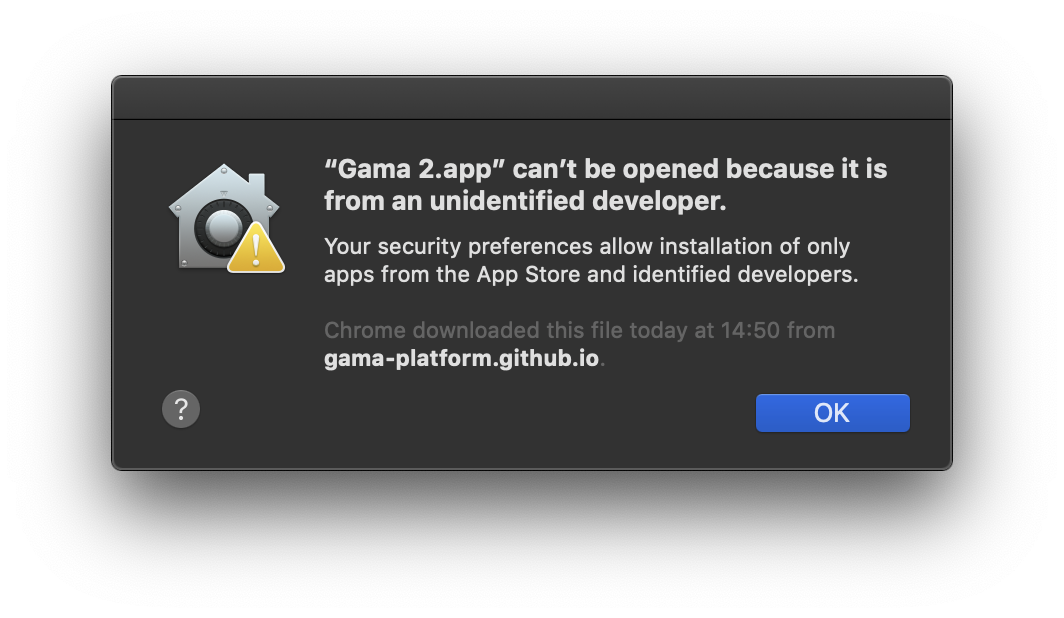 At the first launch on Mac OS X, Gama.app cannot be opened as it comes from an unidentified developer.
