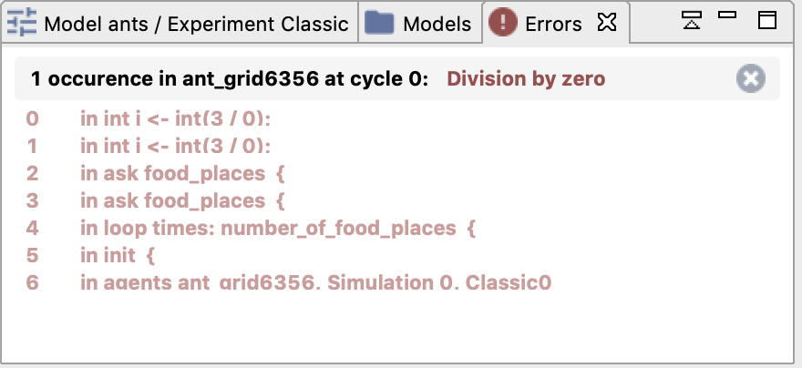 Error view in the case of an arithmetic error: division by 0.