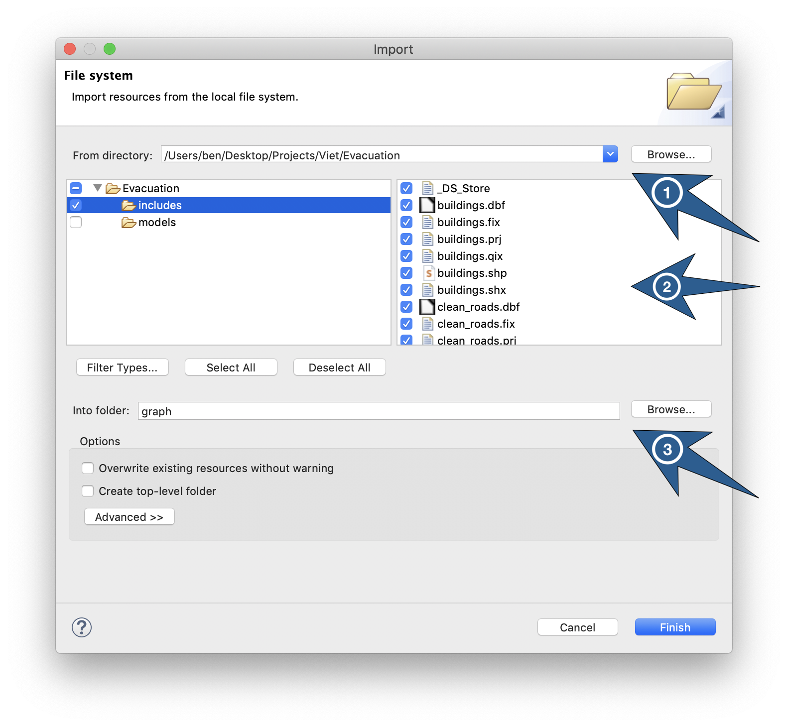 Dialog box to import external files into an existing project of the workspace.