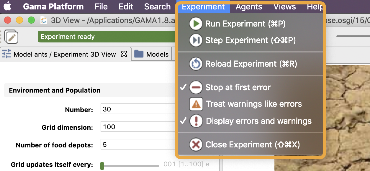The Experiment menu available in the Simulation perspective.
